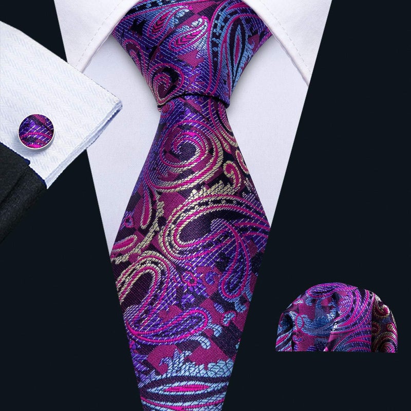 Barry.Wang Store Men Ties Paisley Woven Silk Necktie Set with Pocket Suqare Cufflinks Formal - Image 2